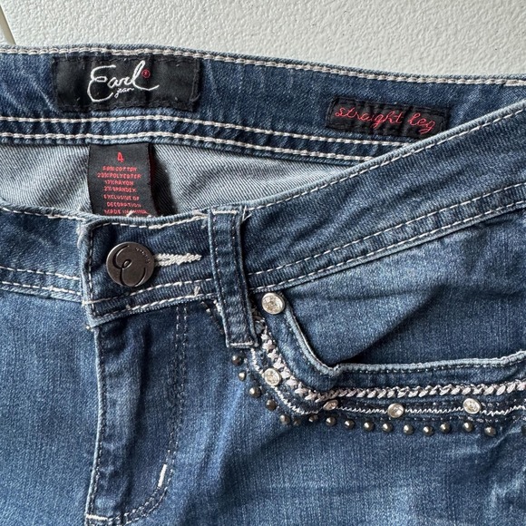 Earl Jean Jeans Womens 4 Blue Mid Rise Straight Leg Lace Rhinestone Studded - Picture 3 of 9